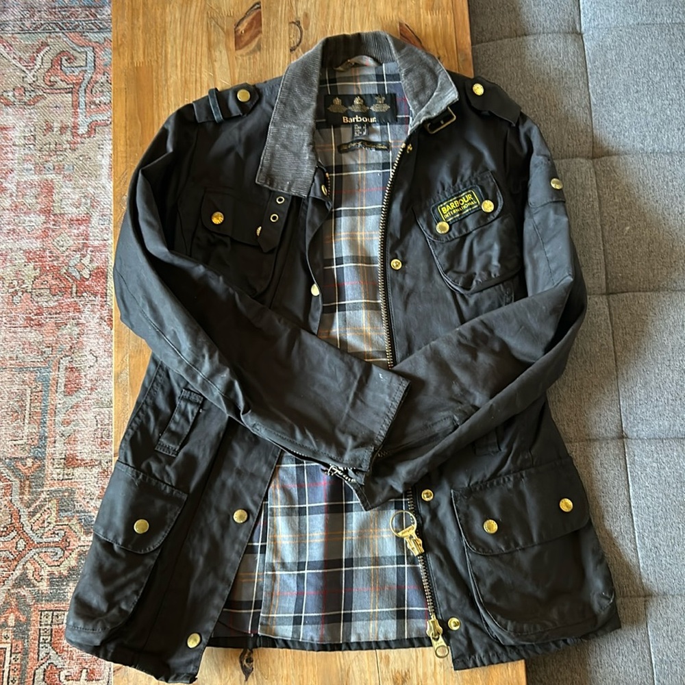 Women’s Barbour original tartan waxed jacket. Lightly worn. Missing waist strap